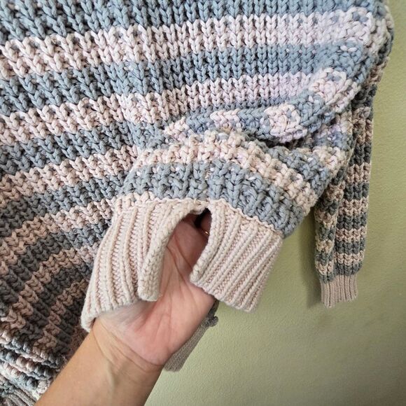 FREE PEOPLE Striped Oversized Chunky Cotton Knit Sweater Sz XS Pink Gray - Picture 7 of 12